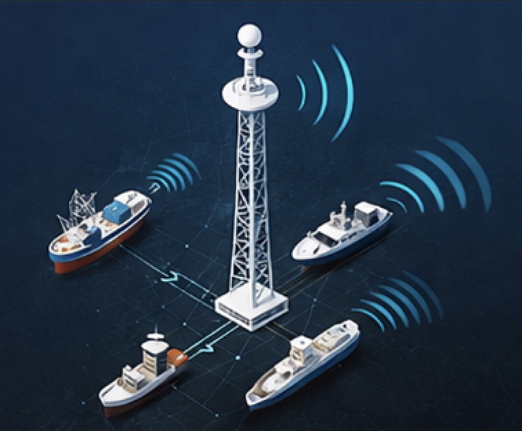 Ilustração do sistema AIS bidirecional com comunicação ativa entre torre e navios